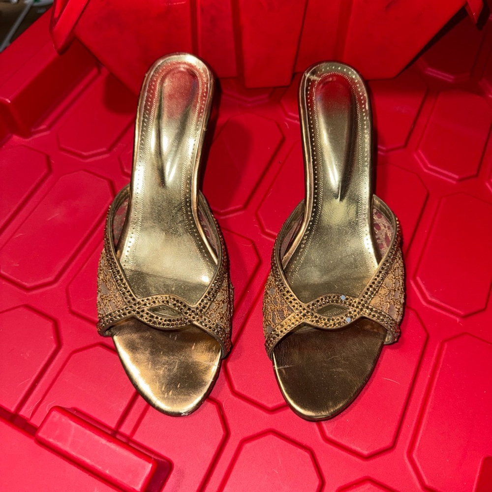 Bronze Mesh Rhinestone Mule Heels Size 7 Evening Sandals